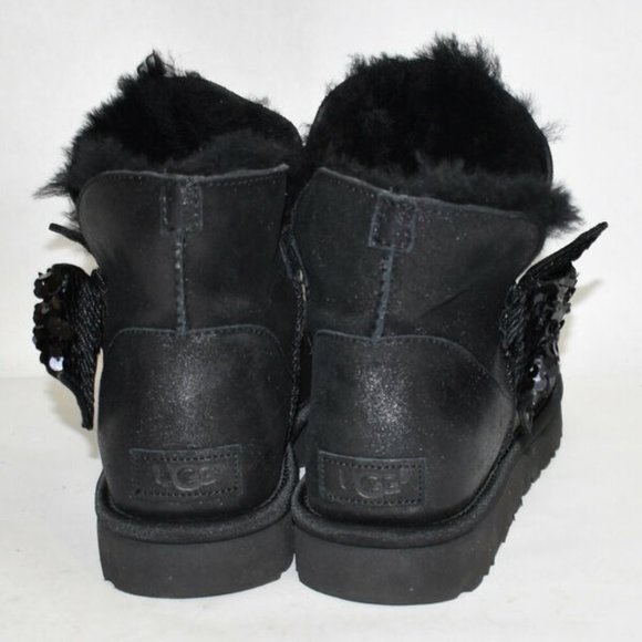 $210 UGG Mini Sequin Bow Wool Lined SHEARLING Bootie BLACK 6 (SE6) - Picture 6 of 11